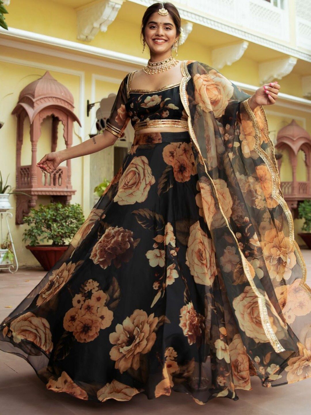 strapless open back dress Black floral lehenga choli for women or girls for wedding wear ready t