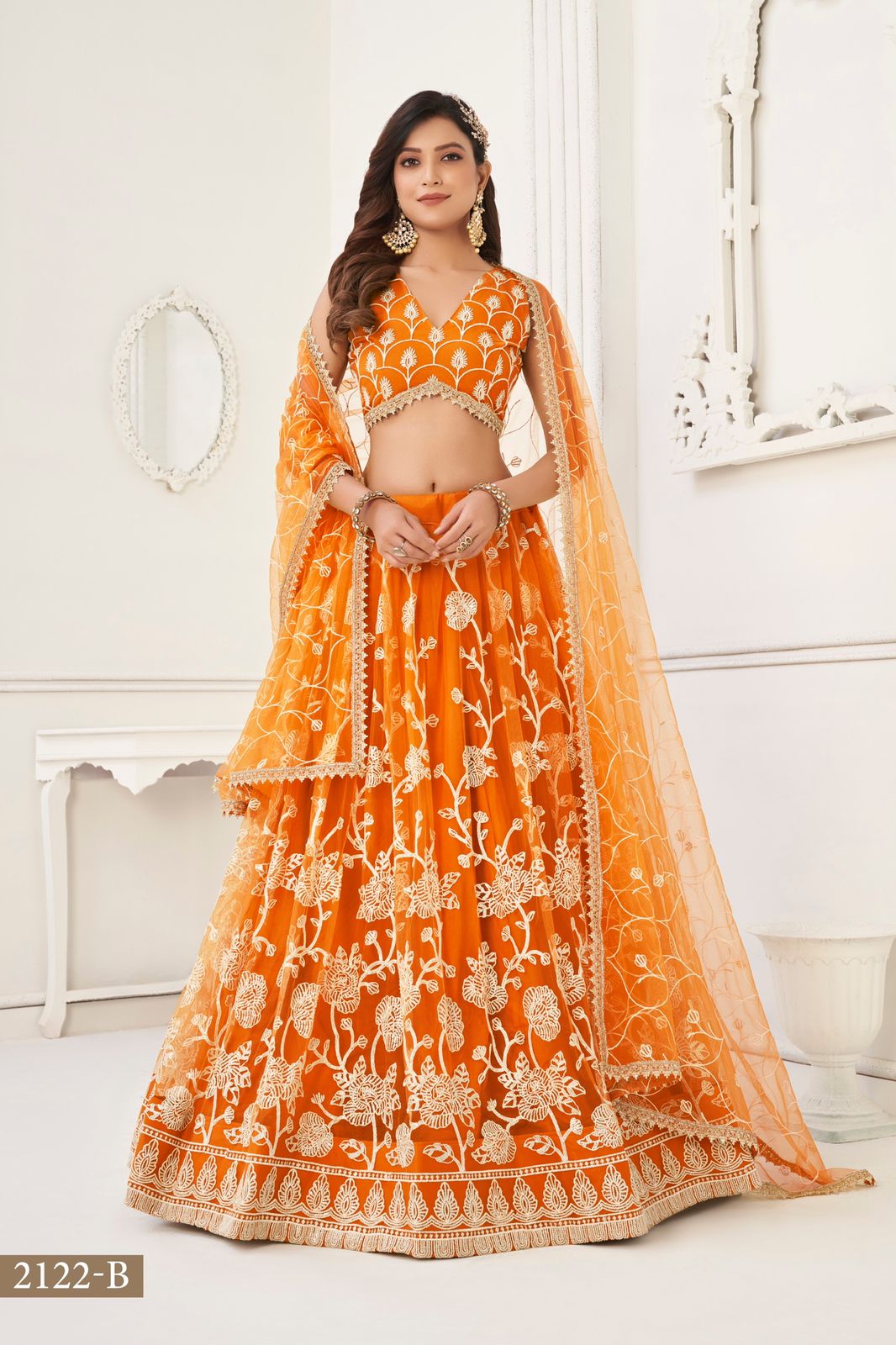 Orange Designer Net  lehenga choli for women or girls party wear lehengas