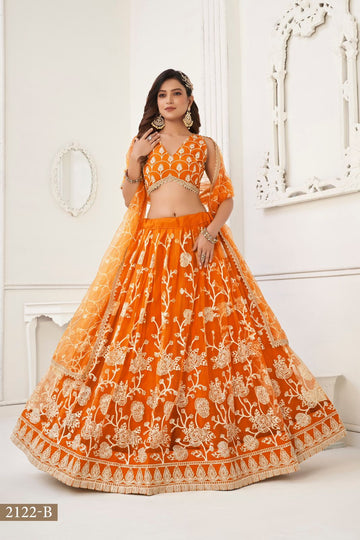 Orange Designer Net  lehenga choli for women or girls party wear lehengas