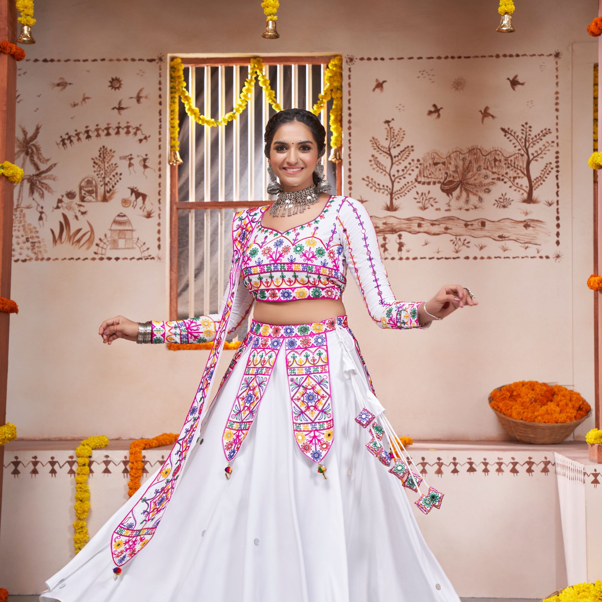 White Thread Embroidered with all over mirror   Work  lehenga choli with   Viscose Rayon dupatta