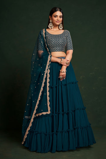 Teal Blue Thread and  Sequins Embroidery Work  lehenga choli with Net  dupatta