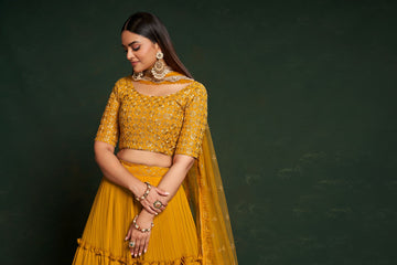 Yellow   Thread and  Sequins Embroidery Work  lehenga choli with Net  dupatta