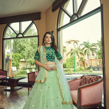 Green Thread & Sequins Embroidery Work lehenga choli with Faux Georgette dupatta