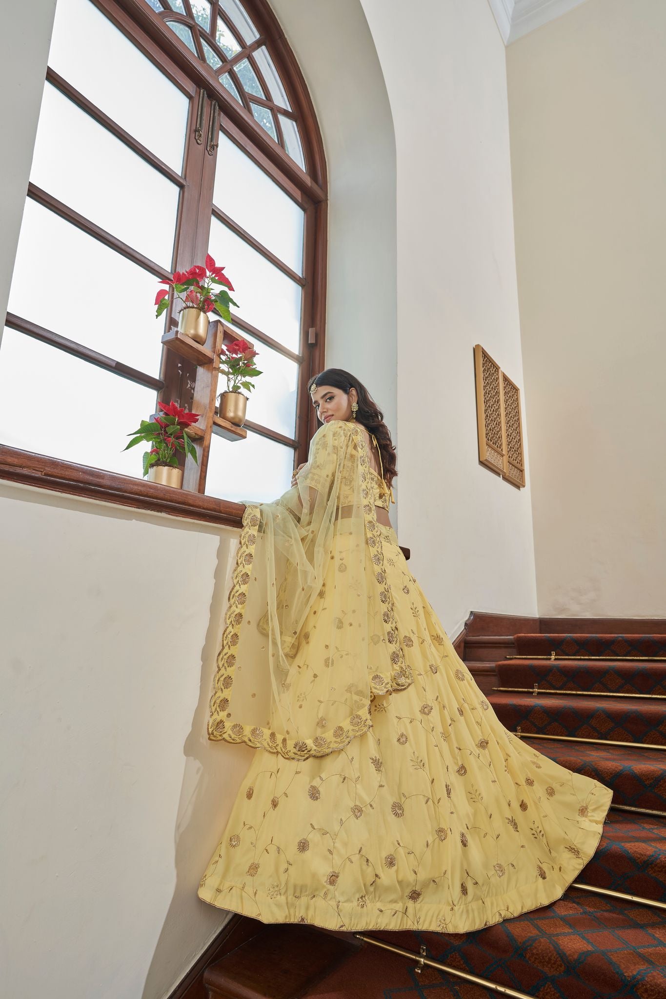 Yellow   Zari & Sequins Embroidery Work   lehenga choli with Butterfly Net   dupatta