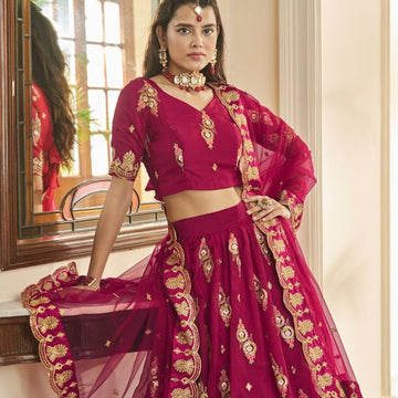 Cherry Pink Zari, Thread & Sequins Embroidery Work  lehenga choli with  Butterfly Net  dupatta