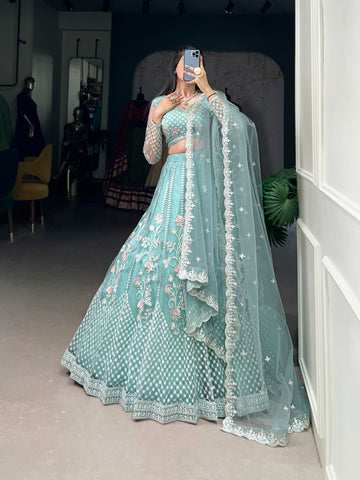 Designer pastel blue lehenga with Sequins and Thread Embroidery Work lehenga choli
