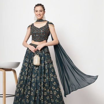 Green  Print with Sequince Embroidered Work  lehenga choli with Georgette dupatta