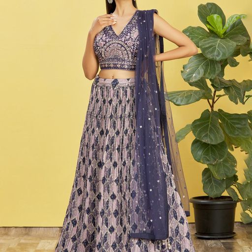 Blue Real Mirror with Thread, Zari, Sequins Embroidered And Digital Print Work  lehenga choli with  Soft  Net  dupatta