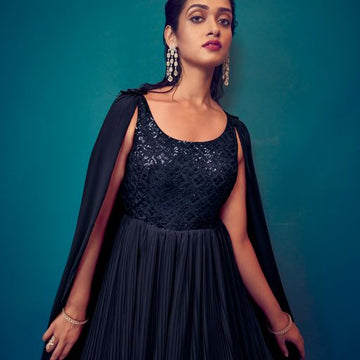 Blue  Georgette With  Thread And Sequince Embroidered Work Anarkali Flared Long Gown