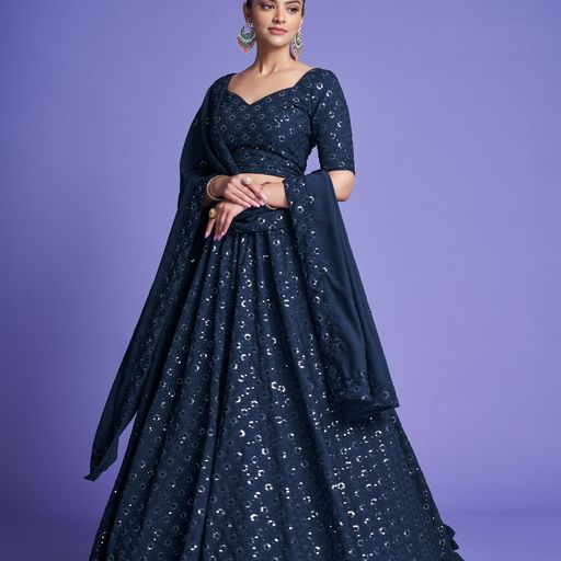 Teal Blue Thread & Sequins Embroidery Work   lehenga choli with  Diamond  Georgette dupatta