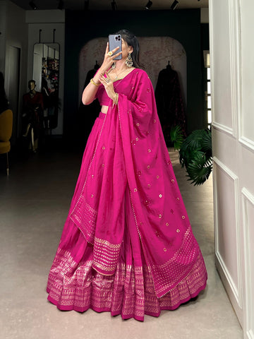 Ready to wear pink lehenga Pure Chanderi Plain Lehenga with Intricate Zari Work Border, Accompanied by Sequin Embellished Dupatta