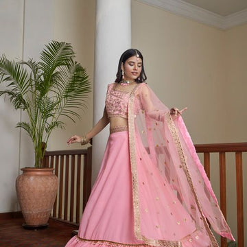 Light Pink Dori, Mirror, Zari & Sequins Embroidery Work  lehenga choli with Net dupatta