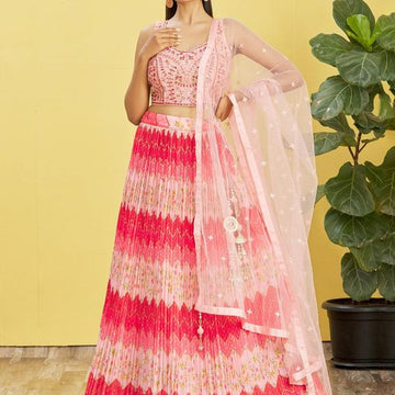 Pink  Real Mirror with Thread, Zari, Sequins Embroidered And Digital Print Work  lehenga choli with  Soft  Net  dupatta