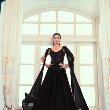 Black  Georgette With  Thread And Sequince Embroidered Work Anarkali Flared Long Gown