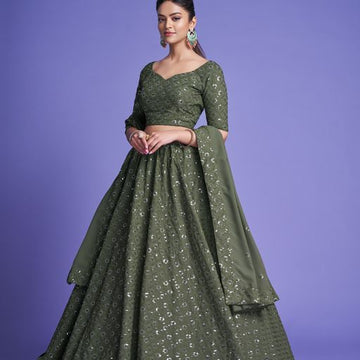 Mehendi  Green Thread & Sequins Embroidery Work  lehenga choli with  Diamond  Georgette dupatta