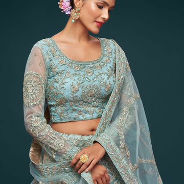 Sky Blue Sequins and Thread Embroidery Work  lehenga choli with dupatta