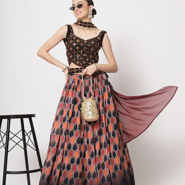 Black  Print with Sequince Embroidered Work lehenga choli with Georgette  dupatta