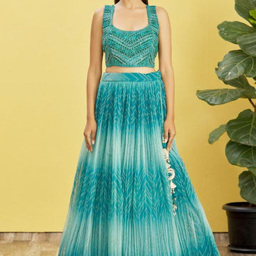 Blue Real Mirror with Thread, Zari, Sequins Embroidered And Digital Print Work  lehenga choli with  Organza  dupatta