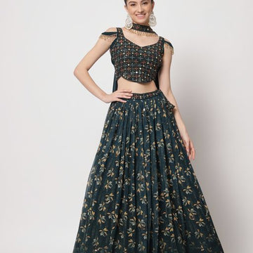 Green  Print with Sequince Embroidered Work  lehenga choli with Georgette dupatta
