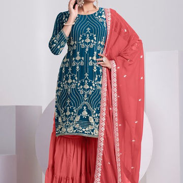 Teal Blue Thread & Sequins Embroidery Work   Plazzo suit  For Women