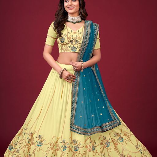 Yellow Zari,Thread & Sequins Embroidery Work  lehenga choli with  Faux  Georgette dupatta