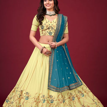 Yellow Zari,Thread & Sequins Embroidery Work  lehenga choli with  Faux  Georgette dupatta