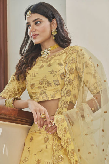 Yellow   Zari & Sequins Embroidery Work   lehenga choli with Butterfly Net   dupatta