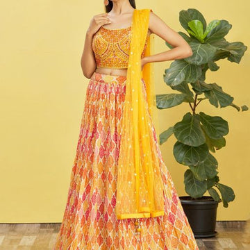 Yellow Real Mirror with Thread, Zari, Sequins Embroidered And Digital Print Work  lehenga choli with  Soft  Net  dupatta