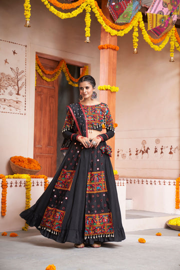 Black   Thread,  Embroidered with  all over mirror  Work  lehenga choli with Rayon dupatta