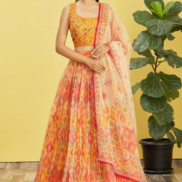 Yellow Real Mirror with Thread, Zari, Sequins Embroidered And Digital Print Work  lehenga choli with  Organza  dupatta