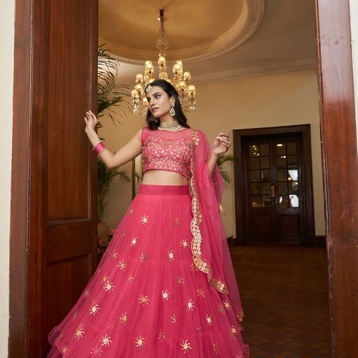 Pink  Thread & Sequins Embroidery Work  lehenga choli with  Net  dupatta