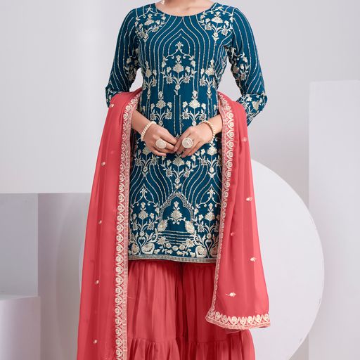 Teal Blue Thread & Sequins Embroidery Work   Plazzo suit  For Women