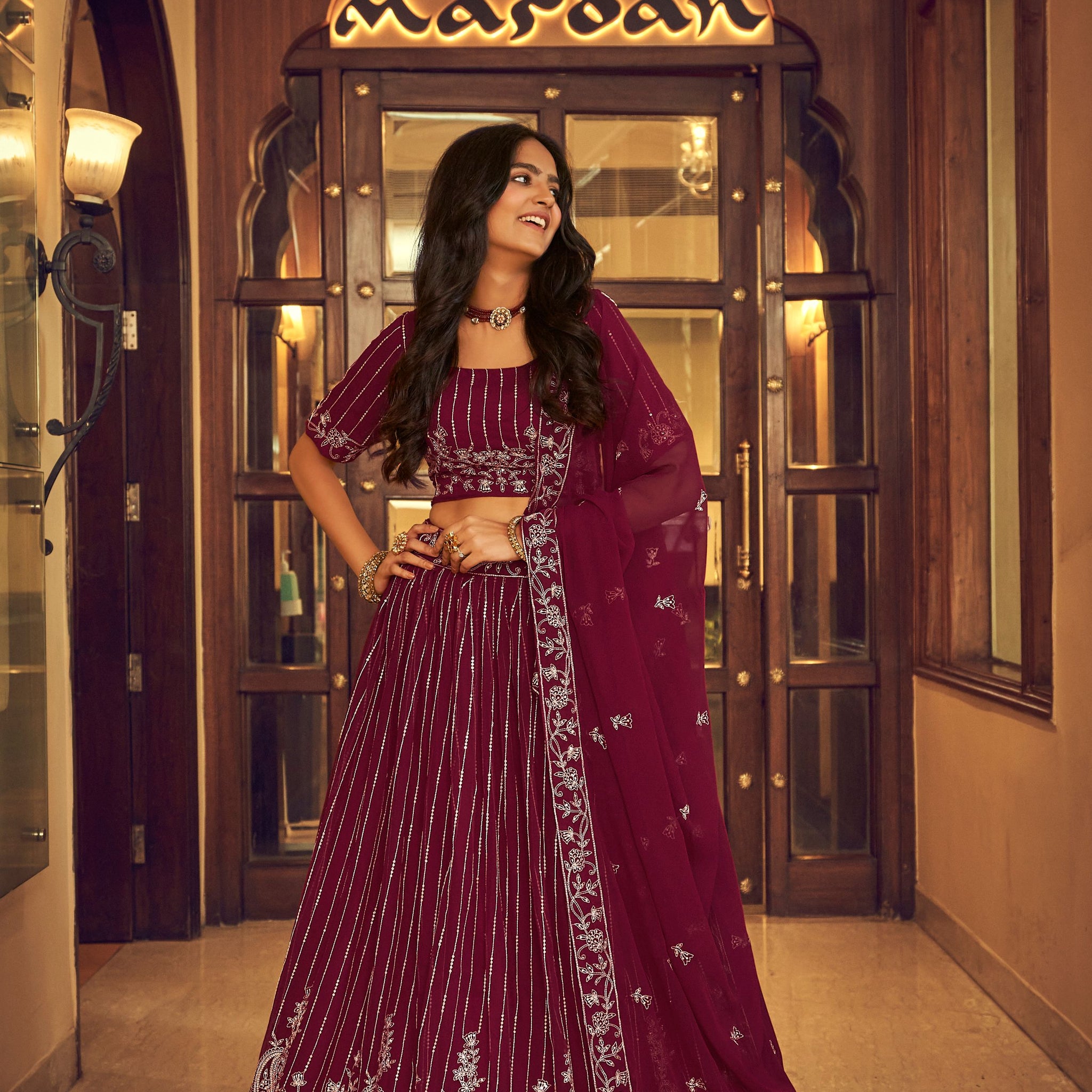 Wine  Viscose ,Thread and  Sequins Embroidery Work  lehenga choli with Faux Georgette  dupatta