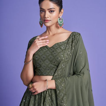 Mehendi  Green Thread & Sequins Embroidery Work  lehenga choli with  Diamond  Georgette dupatta