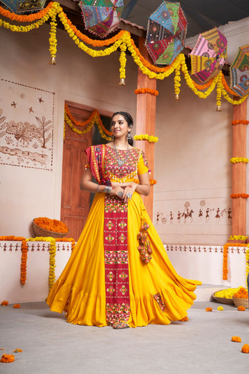 Yellow    Thread,  Embroidered with  all over mirror  Work  lehenga choli with Cotton dupatta