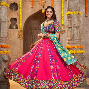 Deep Pink Thread Embroided with all over Mirror  work lehenga choli with Rayon dupatta