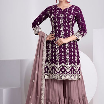 Purple Thread & Sequins Embroidery Work   Plazzo suit  For Women
