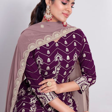 Purple Thread & Sequins Embroidery Work   Plazzo suit  For Women