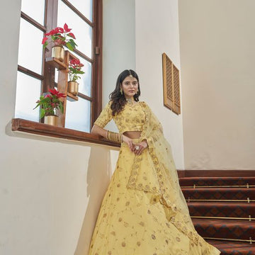 Yellow Multi Zari & Sequins Embroidery Work lehenga choli with Net dupatta