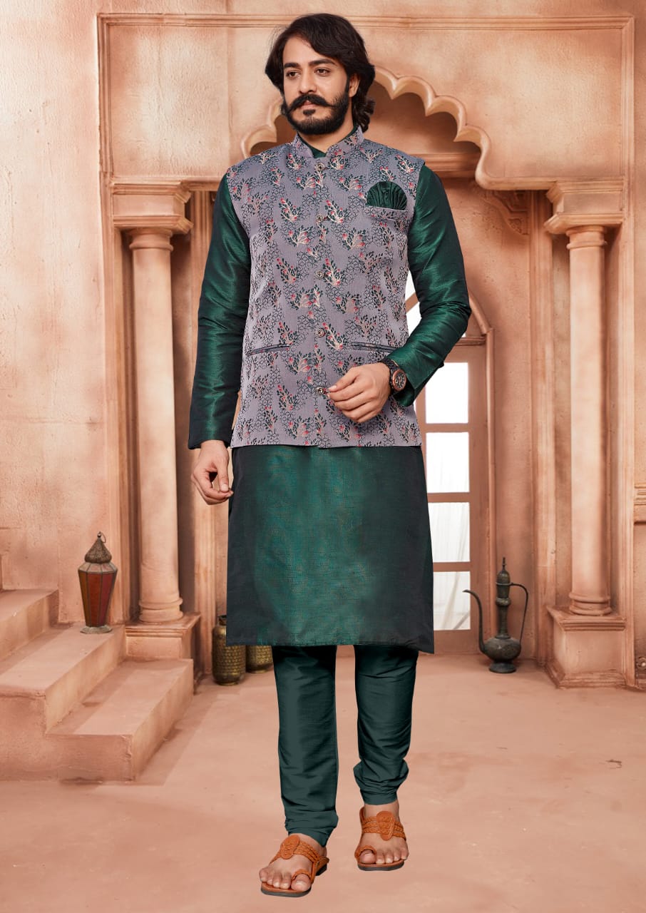 Green Silk Mens Kurta Pajama Indian Wedding Party Wear Embroidery Kurtas