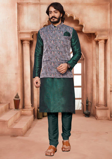 Green Silk Mens Kurta Pajama Indian Wedding Party Wear Embroidery Kurtas