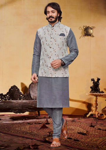 Light Grey Silk Mens Kurta Pajama Indian Wedding Party Wear Embroidery Kurtas