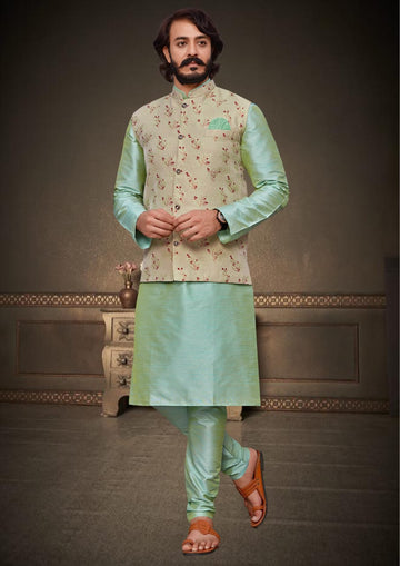 Pista Green  Silk Mens Kurta Pajama Indian Wedding Party Wear Embroidery Kurtas