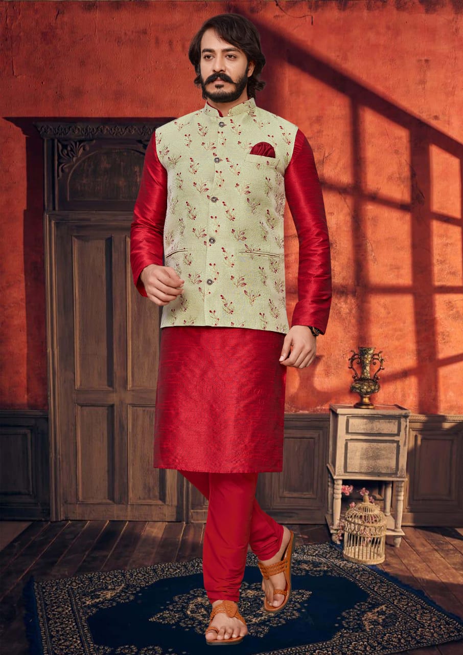 Red  Silk Mens Kurta Pajama Indian Wedding Party Wear Embroidery Kurtas