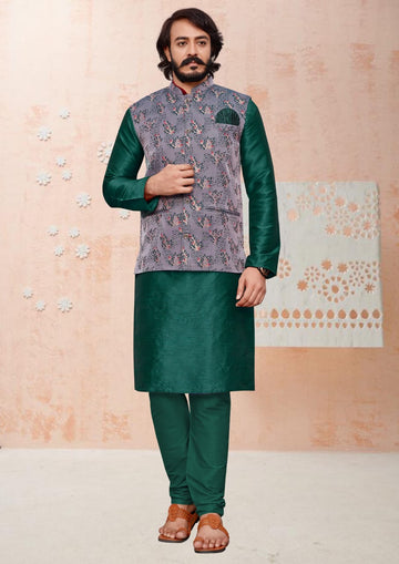 Green Silk Mens Kurta Pajama Indian Wedding Party Wear Embroidery Kurtas