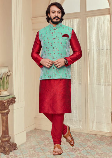 Red Silk Mens Kurta Pajama Indian Wedding Party Wear Embroidery Kurtas