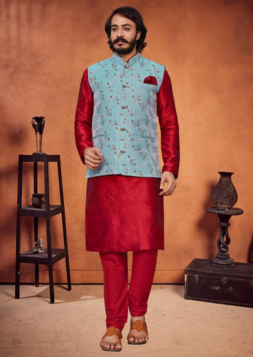 Red Silk Mens Kurta Pajama Indian Wedding Party Wear Embroidery Kurtas