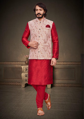 Red Silk Mens Kurta Pajama Indian Wedding Party Wear Embroidery Kurtas
