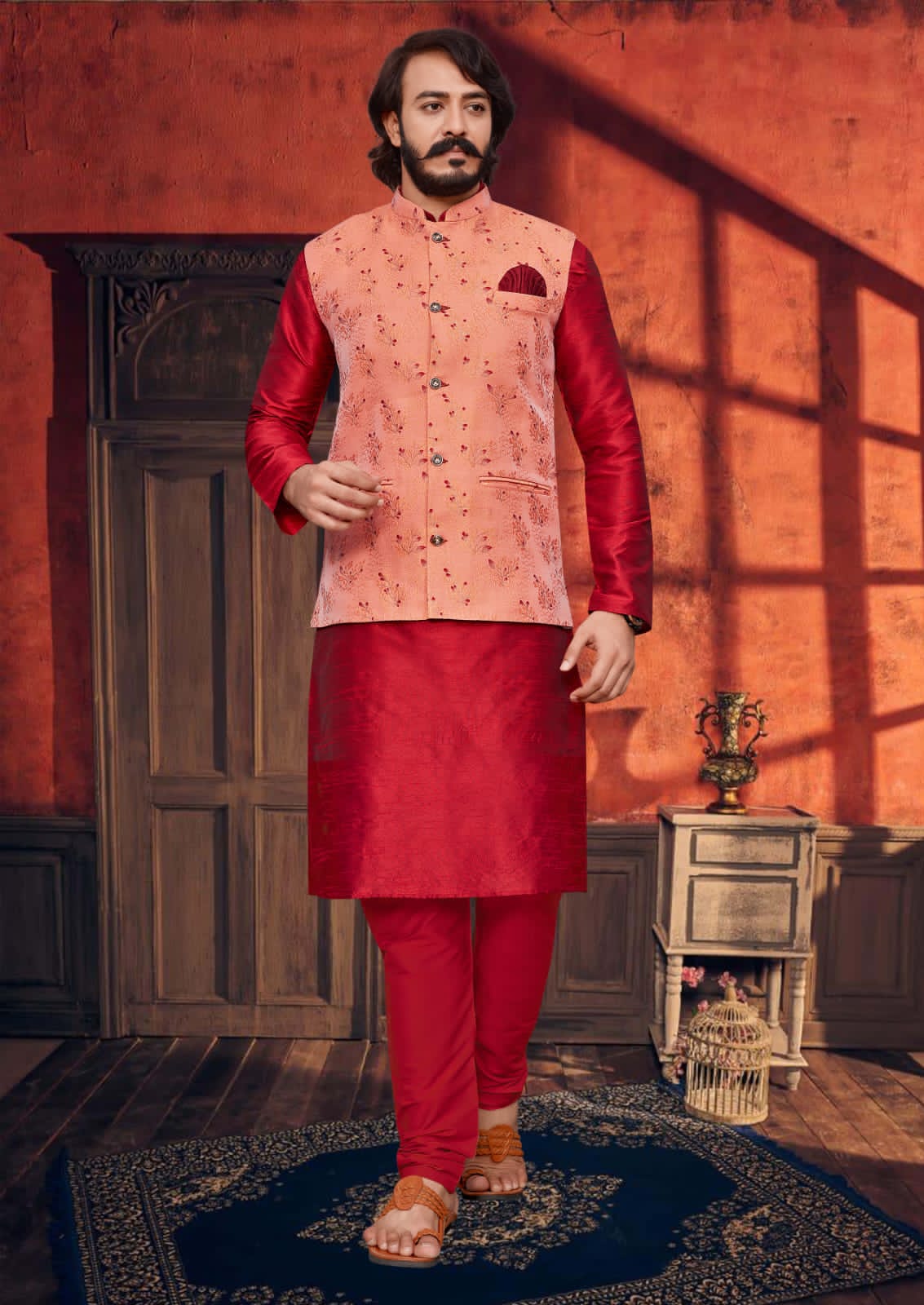 Red Silk Mens Kurta Pajama Indian Wedding Party Wear Embroidery Kurtas
