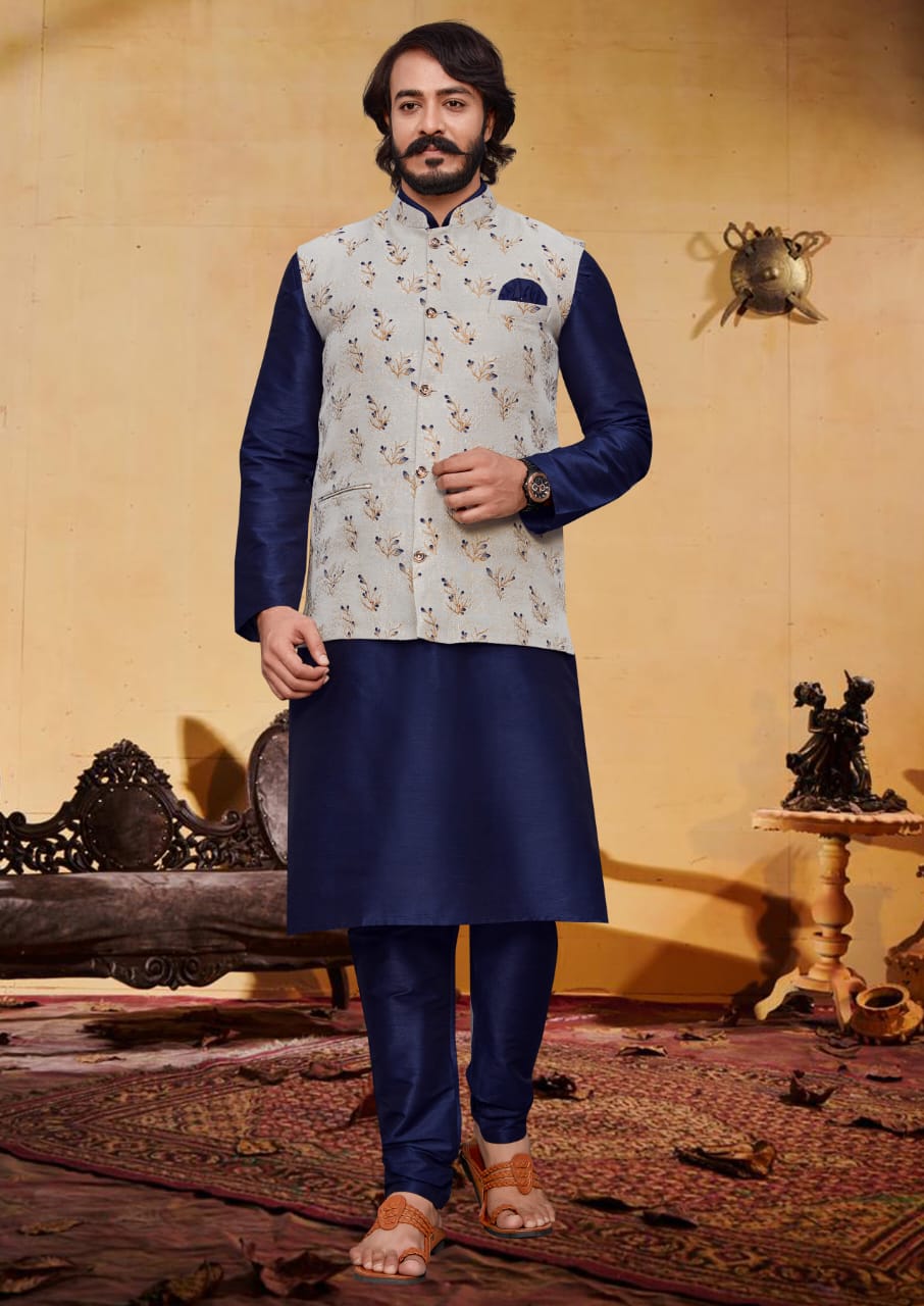 Blue Silk Mens Kurta Pajama Indian Wedding Party Wear Embroidery Kurtas